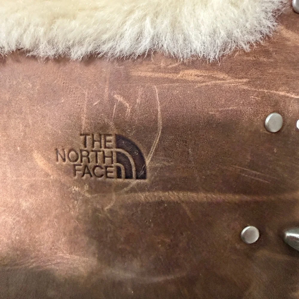 The North Face Adrianne Tall leather Boots Wms Size 6 Brown Faux Fur Trim Zip